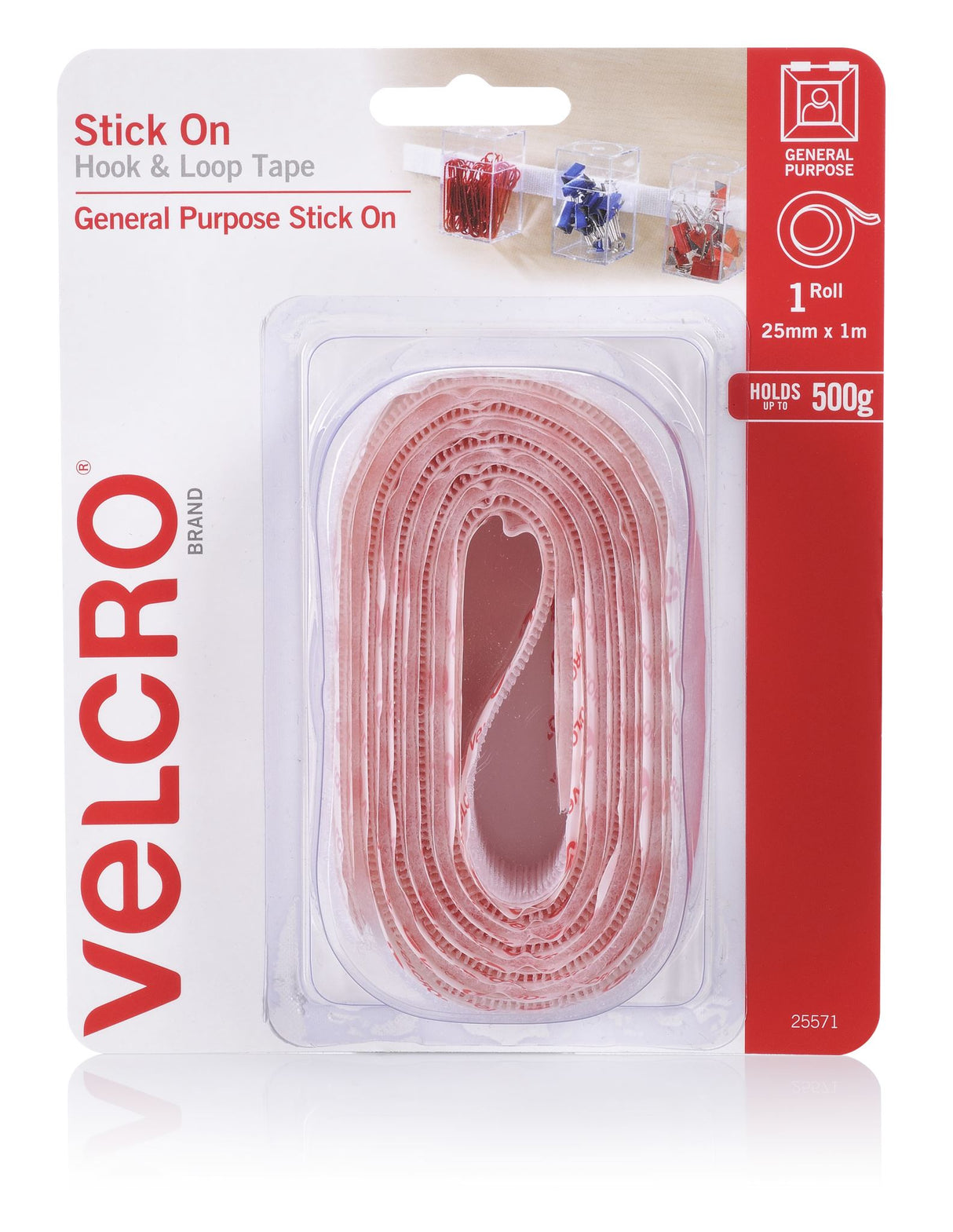 VELCRO® Sticky Back Tape in white, 1m roll, perfect for effortless attachment and organization of lightweight items indoors.