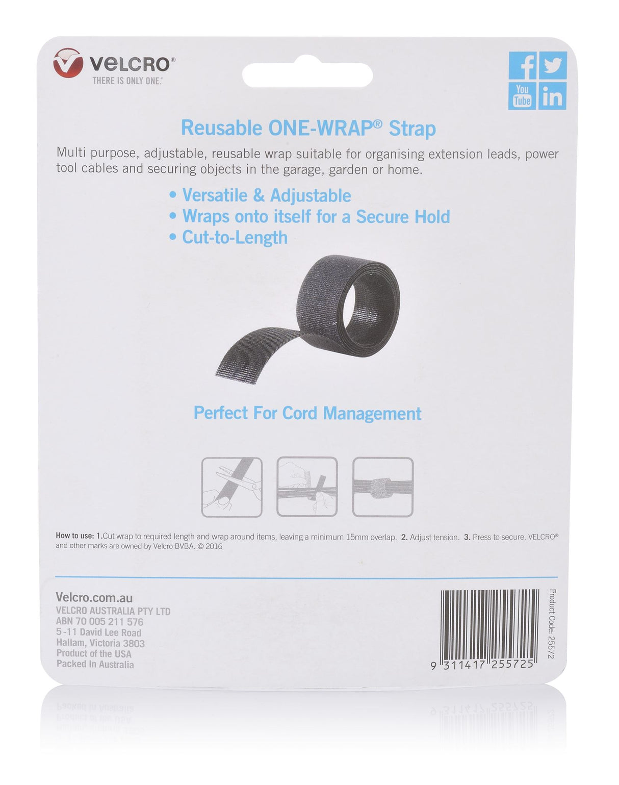 Black VELCRO® Adjustable Wrap, 25mm x 2m, strong and reusable for versatile fastening in indoor and outdoor projects.