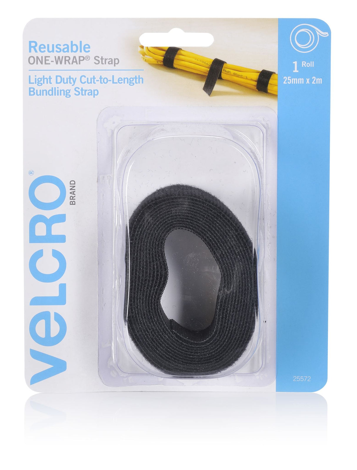 Adjustable black Velcro tape, 25mm wide and 2m long, ideal for versatile fastening and heavy-duty projects.