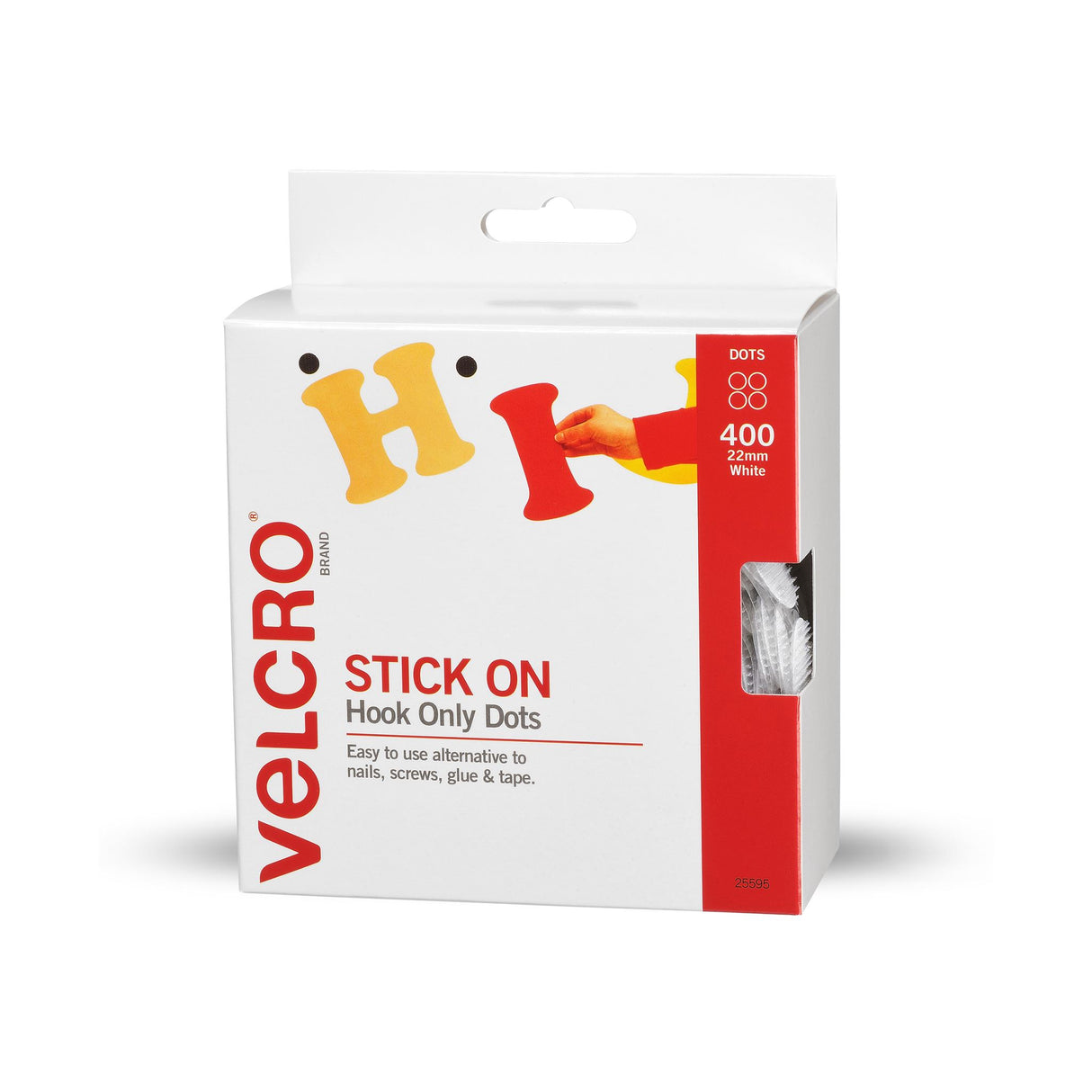 Adhesive white hook dots on a roll, 400 pack; ideal for mounting, organizing, and displaying items securely.