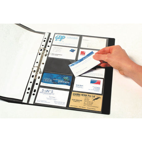 Marbig A4 sheet protectors for business cards, pack of 10, featuring durable pockets for secure card storage and display.