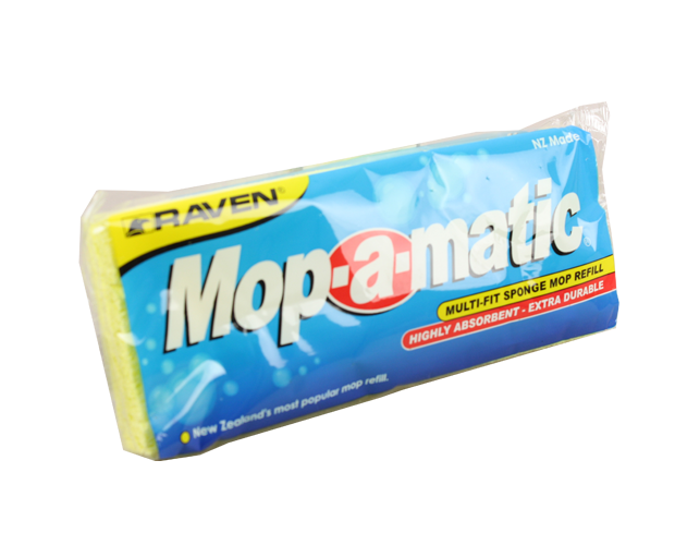 Yellow Raven Mopamatic refill mop head with durable 100% cellulose sponge, designed for efficient floor cleaning and compatibility.