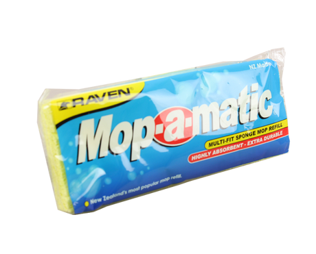 Yellow Raven Mopamatic refill mop head with durable 100% cellulose sponge, designed for efficient floor cleaning and compatibility.