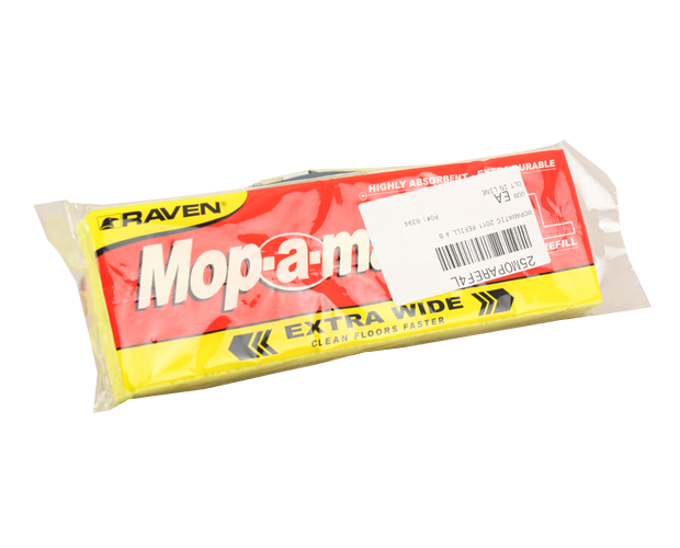 Extra wide yellow sponge mop head refill for Mop-A-Matic, offering superior absorbency and secure 4 bolt design for effective cleaning.