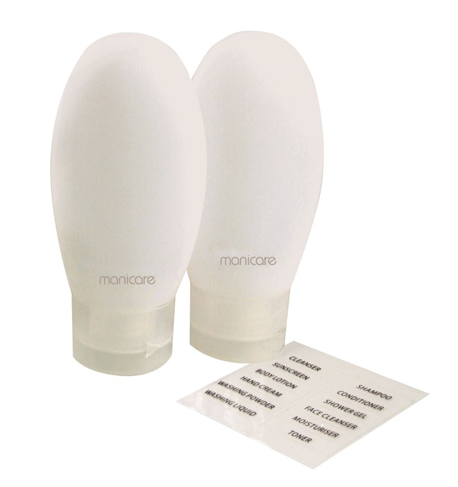 Manicare Travel Tubes, 2 Pack - sleek, 89mL bottles for lotions and creams, compliant with travel regulations, perfect for packing.
