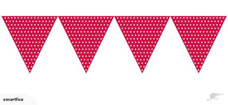 Vibrant red dot bunting flags, 2.7m long, perfect for parties and events, made of durable cardboard, strung on fabric rope.