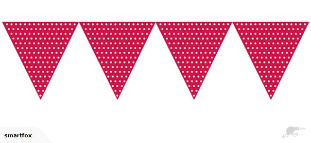 Vibrant red dot bunting flags, 2.7m long, perfect for parties and events, made of durable cardboard, strung on fabric rope.