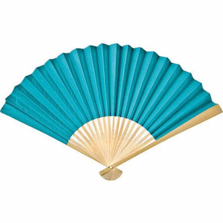 Blue paper hand fans with bamboo frames, 21cm closed, ideal for events, cooling, and DIY decorations - set of 10 units.