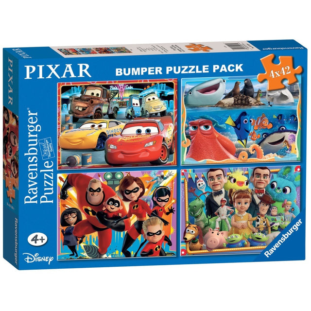 Ravensburger Disney Pixar 4x42pc Bumper Pack featuring four themed puzzles for kids, promoting fun and skill development.