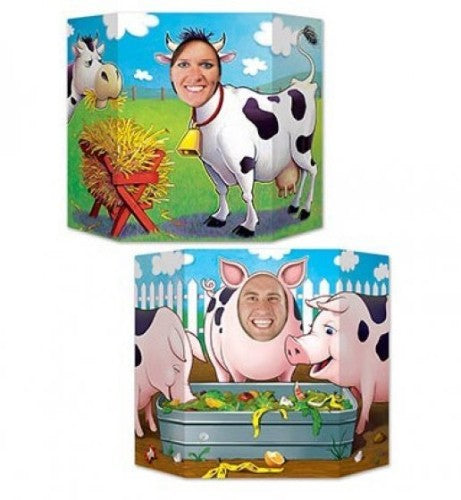 Colorful cardboard photo prop featuring barnyard farm animal friends, measuring 94cm x 64cm.