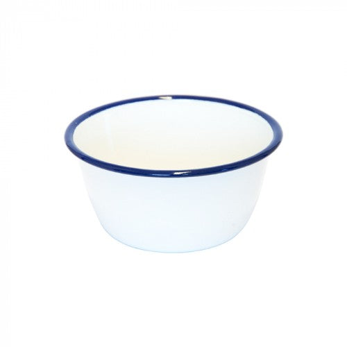 White 14cm enamel pudding basin, perfect for baking and serving desserts, lightweight and dishwasher safe.