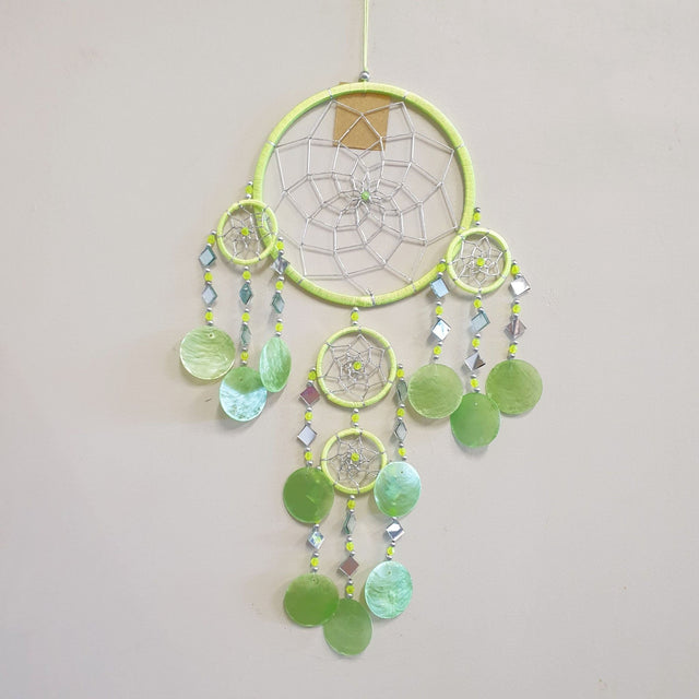 Dream Catcher Mirror Shell Chimes in vibrant lime, featuring intricate designs and soothing sounds for serene home decor.
