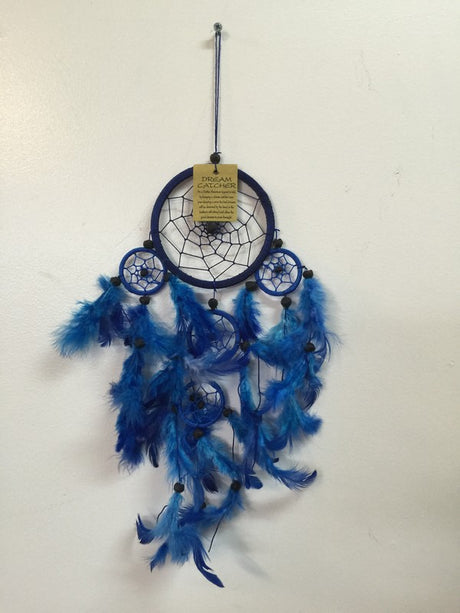 Handcrafted blue feather dream catcher measuring 12x1x50cm, promoting peace and sweet dreams in your decor.