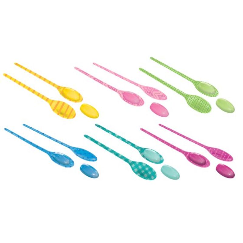 Easter Egg Relay Game set featuring 6 colorful eggs and spoons for fun, teamwork, and outdoor activity. Perfect for celebrations!