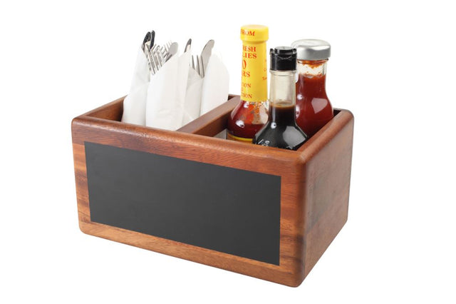 Acacia wood table caddy with chalkboard, holds condiments and napkins; features 'Food Glorious Food' for a rustic touch.