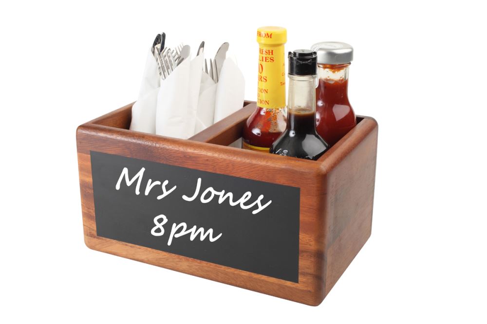 Acacia wood table caddy with chalkboard, designed to organize condiments and enhance dining decor, featuring 'Food Glorious Food'.