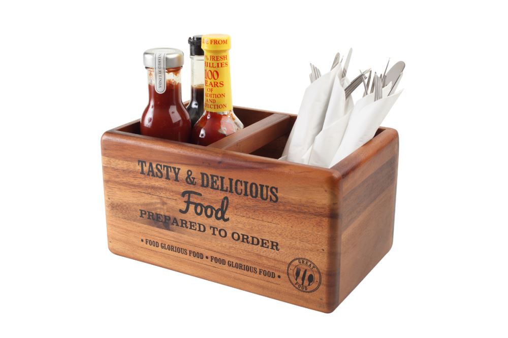 Acacia wood table caddy with chalkboard, organizing condiments and enhancing dining with rustic charm and motivational phrase.