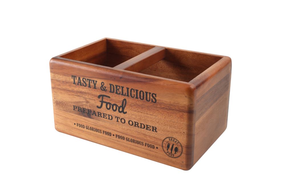 Table caddy in acacia wood with chalkboard, ideal for organizing dining essentials and enhancing table decor.