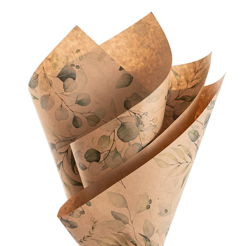 Wrapping Paper  - Kraft Paper Eucalyptus Print 80gsm Brown Pack 100