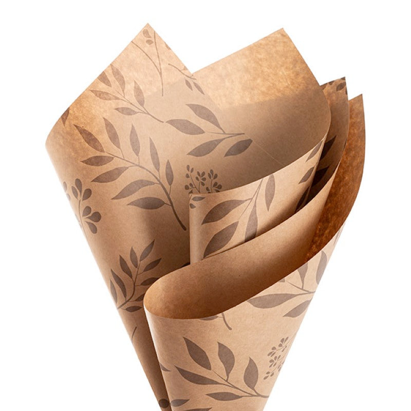 Wrapping Paper  - Kraft Paper Foliage Print 80gsm Brown Pack 100