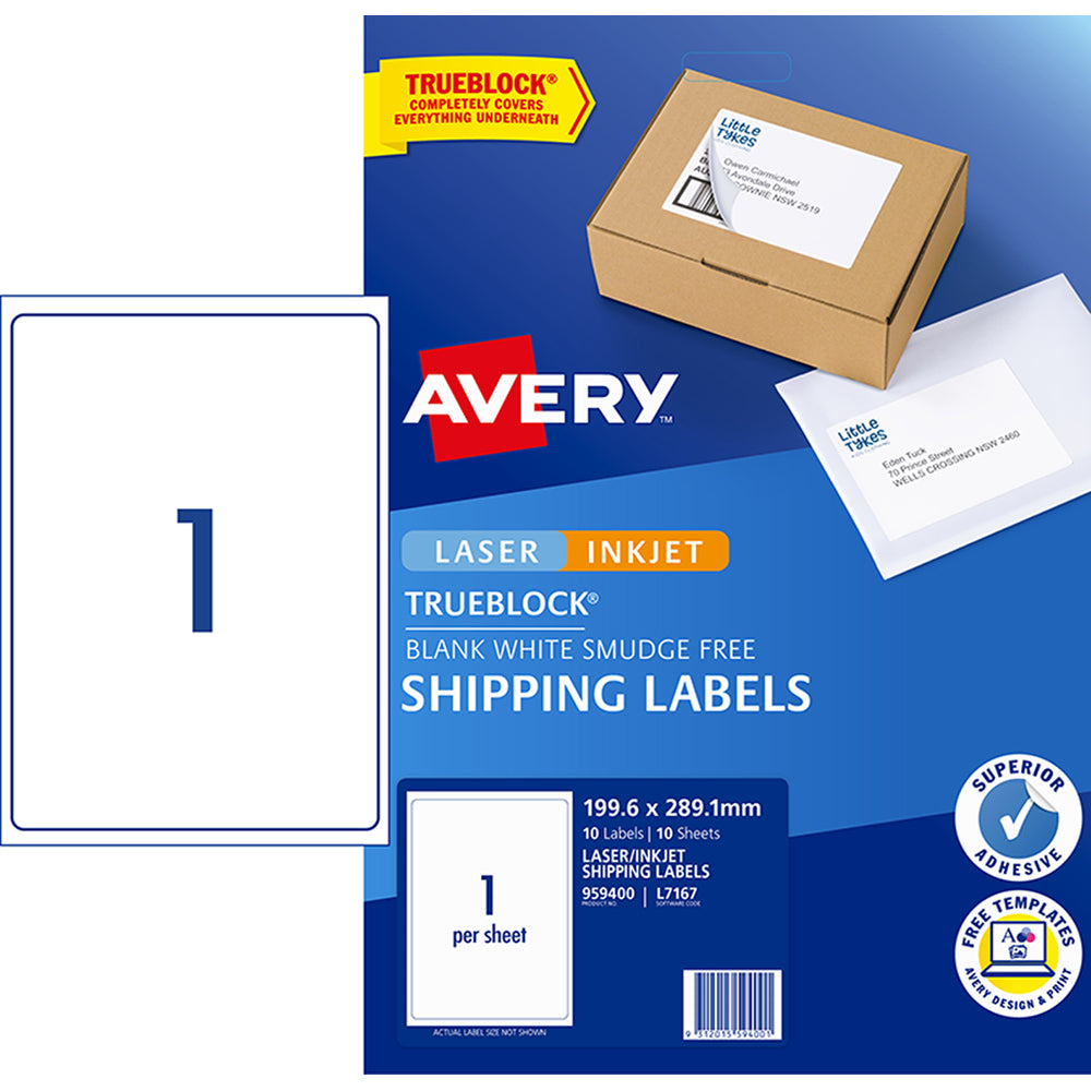 Avery Label L7167 Internet Shipping Label 199.6x289.1mm 1up 10 Sheets