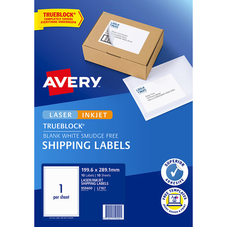 Avery L7167 shipping labels with Trueblock technology, 199.6x289.1mm, ideal for e-commerce and customizable for easy printing.