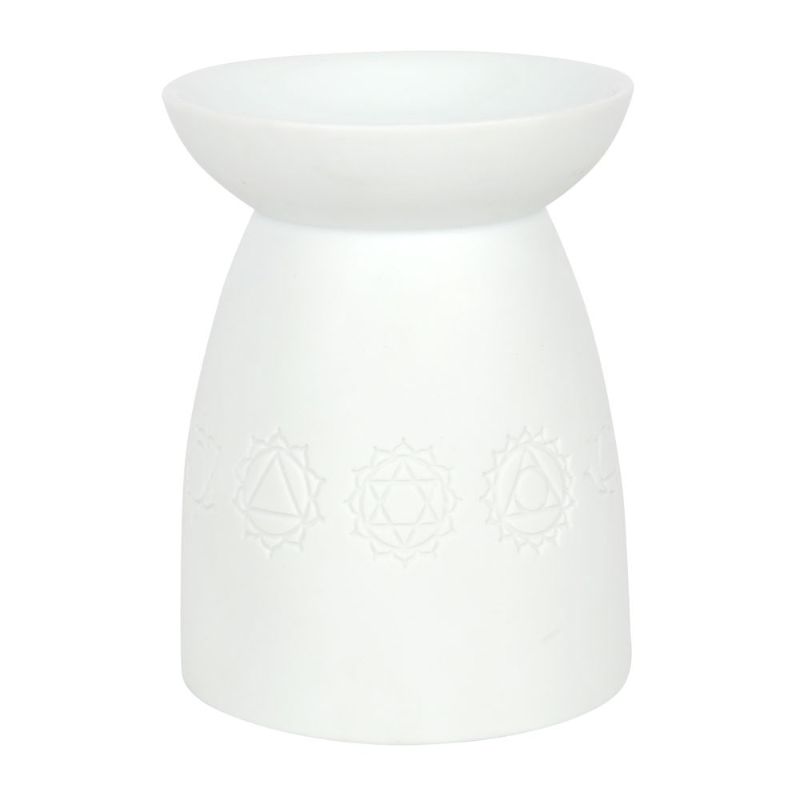 White ceramic oil burner featuring seven chakra symbols, perfect for aromatherapy and enhancing relaxation in any space.