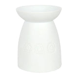 White ceramic oil burner featuring seven chakra symbols, perfect for aromatherapy and enhancing relaxation in any space.