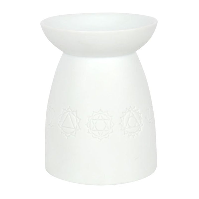 White ceramic oil burner featuring seven chakra symbols, perfect for aromatherapy and enhancing relaxation in any space.
