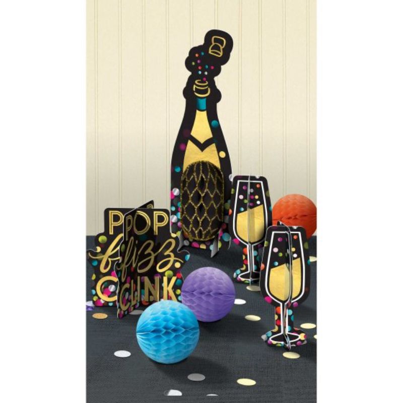 Colorful table decorating kit with 7 pieces, including a 35cm centerpiece and fun honeycomb balls for festive occasions.