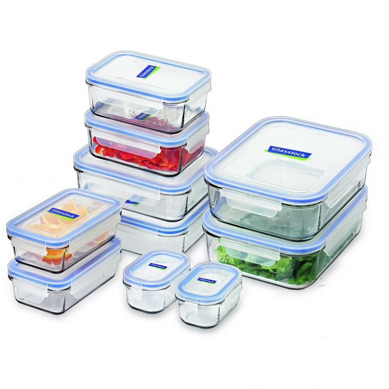 A 10-piece GLASSLOCK storage set with various tempered glass containers featuring airtight lids for fresh food storage.