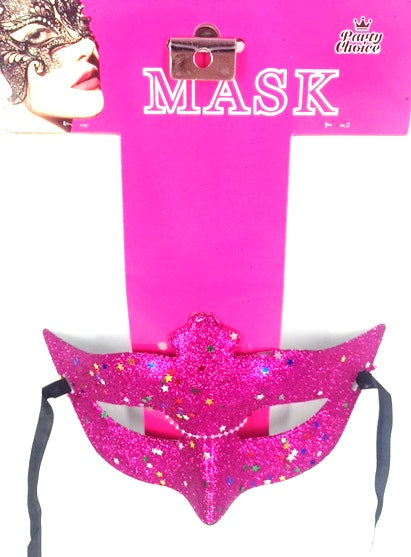 Hot pink glitter masquerade mask ideal for Halloween and fancy dress parties, offering comfort and dramatic elegance.