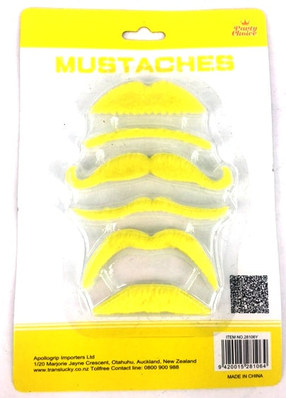 Bright yellow party mustaches in a 6 pack, perfect for fun, creativity, and themed events at an unbeatable clearance price.