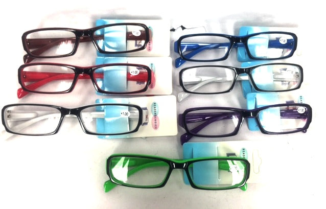 Set of 12 lightweight +2.75 reading glasses in various colors, ideal for all face shapes and magnifying small text.