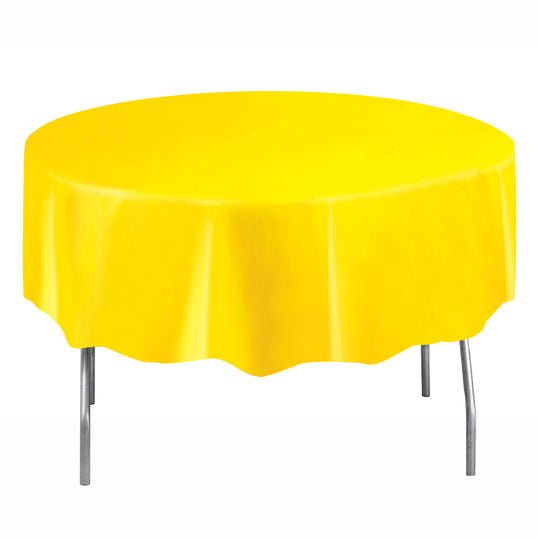 Round yellow plastic table cover, 84 inches, perfect for 8-seater tables, ideal for parties and everyday use.