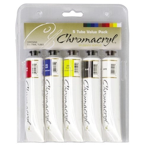 Chromacryl Acrylic Paint Set featuring five 75ml tubes in vibrant black, white, cool blue, red, and yellow for creative expression.