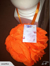 15cm orange silk rose ball with hanging ribbon, perfect for vibrant event decor and floral accents.