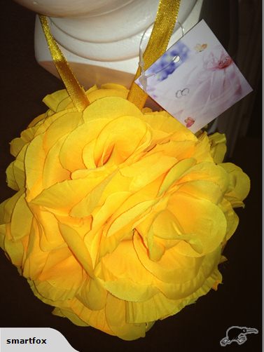 15cm yellow silk rose ball with hanging ribbon, perfect for elegant decor at weddings and celebrations.