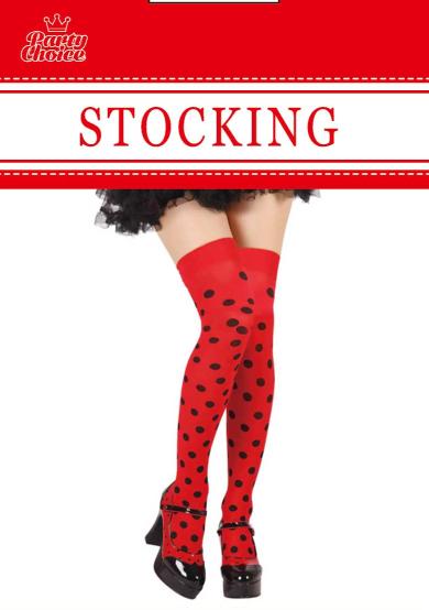 Vibrant knee-high red socks with playful black dots, perfect for stylish outfits and casual wear.