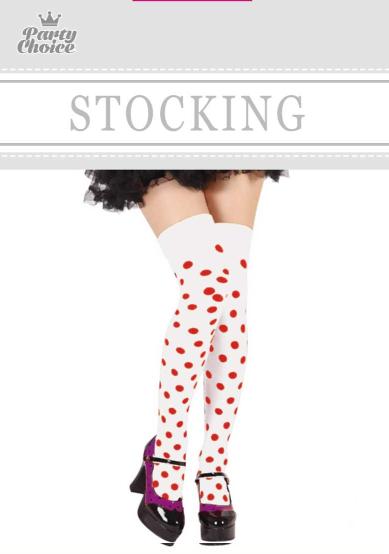 Knee-high white socks with red dots, 65cm long, designed for comfort and style in everyday wear or fancy dress.