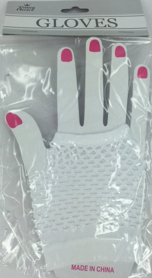 White short finger-less gloves, unisex knitted acrylic, offer style and comfort with a snug wrist band for versatile wear.
