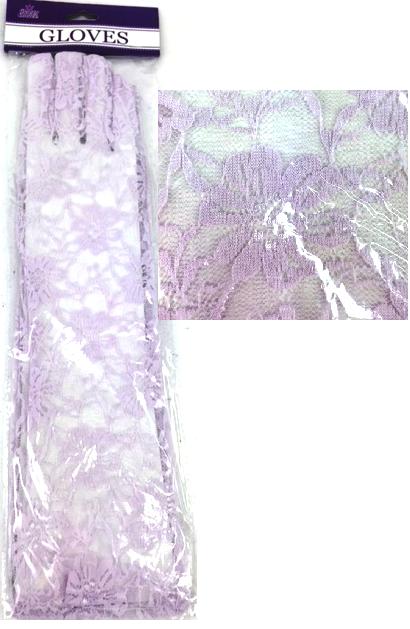 Lilac lace long gloves, 40cm, featuring intricate detailing for elegance at special occasions and vintage-inspired outfits.