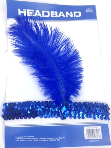 Blue headband adorned with feathers, perfect for costumes, parties, and making a bold fashion statement at clearance price.