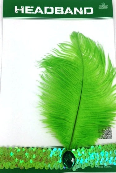 Green feather headband, ideal for costumes and parties, offering comfort and a chic, playful style at a clearance price.