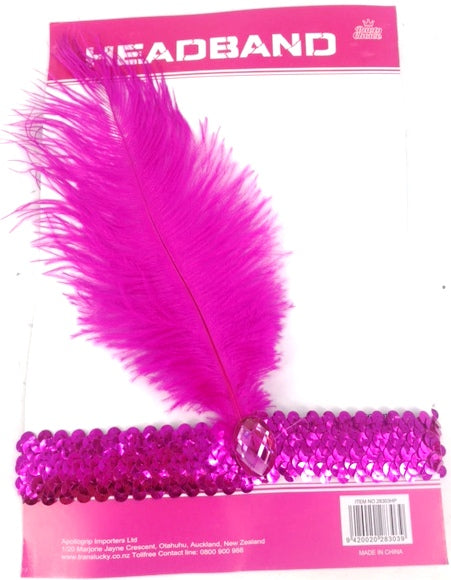 Hot pink headband with feather, perfect for Halloween and parties, adds elegance and fun to any outfit.