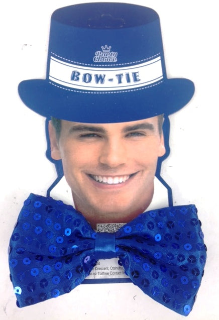 Stylish adjustable blue bow tie with a lustrous finish, perfect for formal events and costumes.