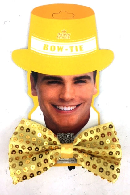 Bright yellow adjustable bow tie, ideal for formal events or Halloween costumes, perfect for all ages and occasions.