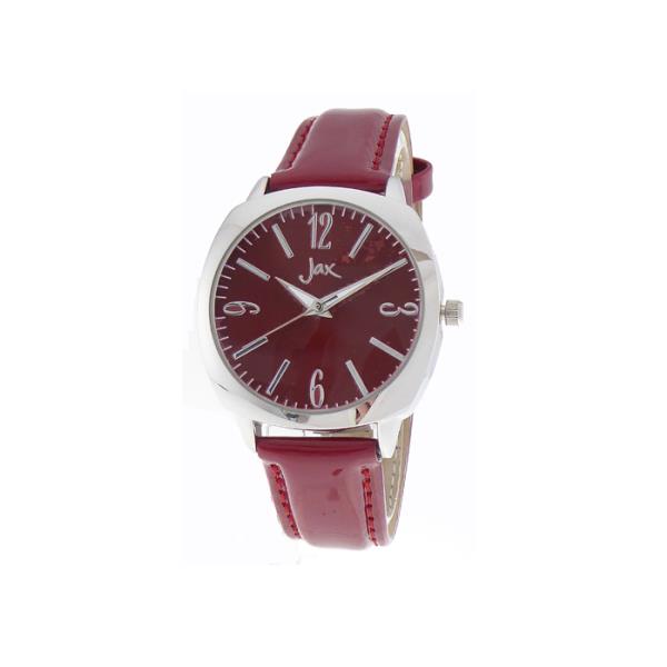 Elegant Slv/Red Sunray Watch with rounded square design, silver case, red sunray dial, and comfortable red patent PU strap.
