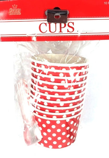 Red disposable dessert cups with matching spoons, pack of 20, ideal for stylishly serving individual desserts at parties.