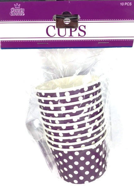Vibrant purple disposable dessert cups with matching spoons, perfect for elegant presentations at parties (pack of 20).